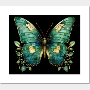 Blue butterfly in stained glass style Posters and Art